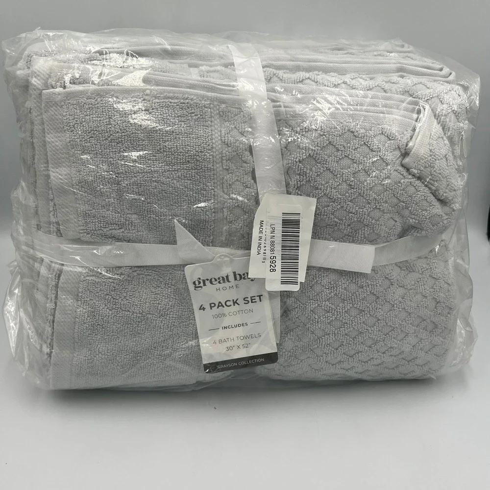 Great Bay Home Grayson Bath Towels 4 Pack Gray 30x52 100% Cotton New